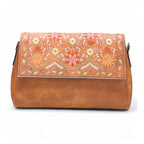 Generic Women's Polyurethane Floral Embroidered Crossbody Sling Bag with Adjustable &amp; Removable Strap (Tan)