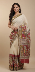 Generic Women's Linen Kalamkari Printed Saree With Unstitched Blouse - 5.5 Mtr (Beige)