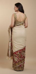 Generic Women's Linen Kalamkari Printed Saree With Unstitched Blouse - 5.5 Mtr (Beige)