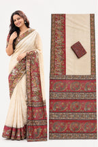 Generic Women's Linen Kalamkari Printed Saree With Unstitched Blouse - 5.5 Mtr (Beige)