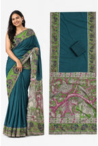 Generic Women's Linen Kalamkari Printed Saree With Unstitched Blouse - 5.5 Mtr (Teal)