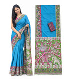 Generic Women's Linen Kalamkari Printed Saree With Unstitched Blouse - 5.5 Mtr (Blue)