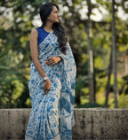 Generic Women's Linen Floral Printeded Saree With Unstitched Blouse - 5.5 Mtr (White-Blue)