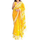 Generic Women's Linen Floral Printed Saree With Unstitched Blouse - 5.5 Mtr (Yellow)
