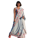 Generic Women's Linen Floral Printed Saree With Unstitched Blouse - 5.5 Mtr (Grey)