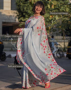 Generic Women's Linen Floral Printed Saree With Unstitched Blouse - 5.5 Mtr (Grey)