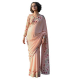 Generic Women's Linen Floral Printed Saree With Unstitched Blouse - 5.5 Mtr (Peach)
