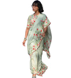 Generic Women's Linen Floral Printed Saree With Unstitched Blouse - 5.5 Mtr (Light Green)