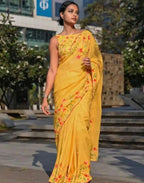 Generic Women's Linen Floral Printed Saree With Unstitched Blouse - 5.5 Mtr (Yellow)