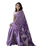 Generic Women's Linen Printed Saree With Unstitched Blouse - 5.5 Mtr (Purple)