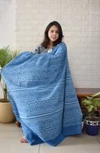 Generic Women's Linen Printed Saree With Unstitched Blouse - 5.5 Mtr (Royal blue)