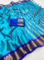 Generic Women's Cotton Silk Striped Saree With Unstitched Blouse - 5.5 Mtr (Teal-Royal Blue)