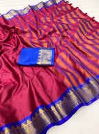 Generic Women's Cotton Silk Striped Saree With Unstitched Blouse - 5.5 Mtr (Maroon-Royal Blue)