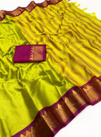 Generic Women's Cotton Silk Striped Saree With Unstitched Blouse - 5.5 Mtr (Light Green-Purple)