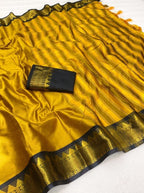 Generic Women's Cotton Silk Striped Saree With Unstitched Blouse - 5.5 Mtr (Mustard Yellow-Black)