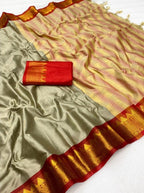 Generic Women's Cotton Silk Striped Saree With Unstitched Blouse - 5.5 Mtr (Beige-Red)