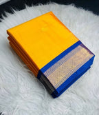 Generic Women's Cotton Silk Solid Saree With Unstitched Blouse - 5.5 Mtr (Yellow-Blue)