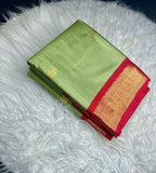Generic Women's Cotton Silk Solid Saree With Unstitched Blouse - 5.5 Mtr (Pista Green-Red)