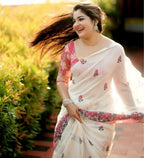 Generic Women's Linen Floral Printed Saree With Unstitched Blouse - 5.5 Mtr (Off White)