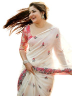 Generic Women's Linen Floral Printed Saree With Unstitched Blouse - 5.5 Mtr (Off White)