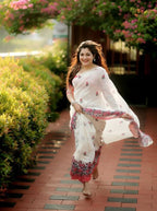 Generic Women's Linen Floral Printed Saree With Unstitched Blouse - 5.5 Mtr (Off White)
