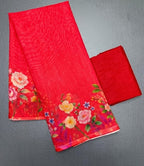 Generic Women's Linen Floral Printed Saree With Unstitched Blouse - 5.5 Mtr (Red)