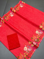 Generic Women's Linen Floral Printed Saree With Unstitched Blouse - 5.5 Mtr (Red)