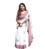 Generic Women's Linen Floral Printed Saree With Unstitched Blouse - 5.5 Mtr (White-Red)