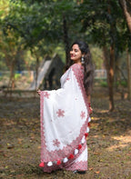 Generic Women's Linen Floral Printed Saree With Unstitched Blouse - 5.5 Mtr (White-Red)