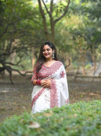 Generic Women's Linen Floral Printed Saree With Unstitched Blouse - 5.5 Mtr (White-Red)