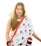 Generic Women's Linen Printed Saree With Unstitched Blouse - 5.5 Mtr (White-Red)