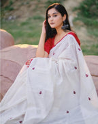 Generic Women's Linen Embroidered Saree With Unstitched Blouse - 5.5 Mtr (White-Red)