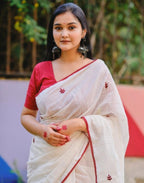 Generic Women's Linen Embroidered Saree With Unstitched Blouse - 5.5 Mtr (White-Red)