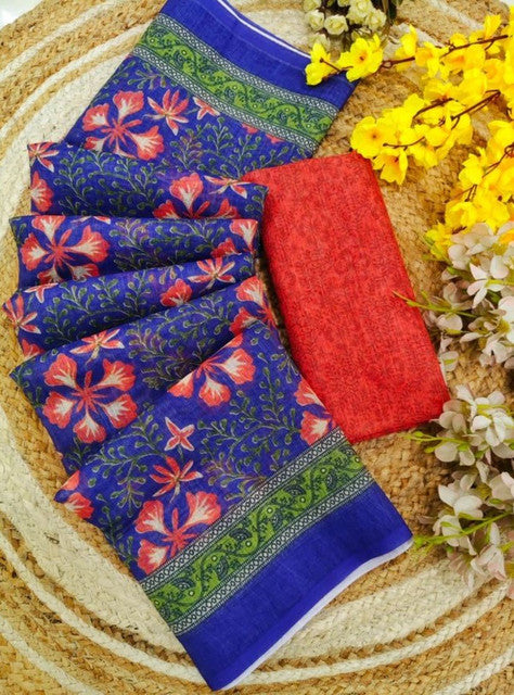 Generic Women's Linen Floral Printed Saree With Unstitched Blouse - 5.5 Mtr (Multicolor)