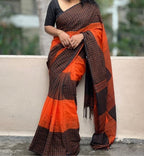 Generic Women's Linen Checkered Saree With Unstitched Blouse - 5.5 Mtr (Orange-Black)