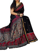 Generic Women's Linen Kalamkari Printed Saree With Unstitched Blouse - 5.5 Mtr (Black-Red)
