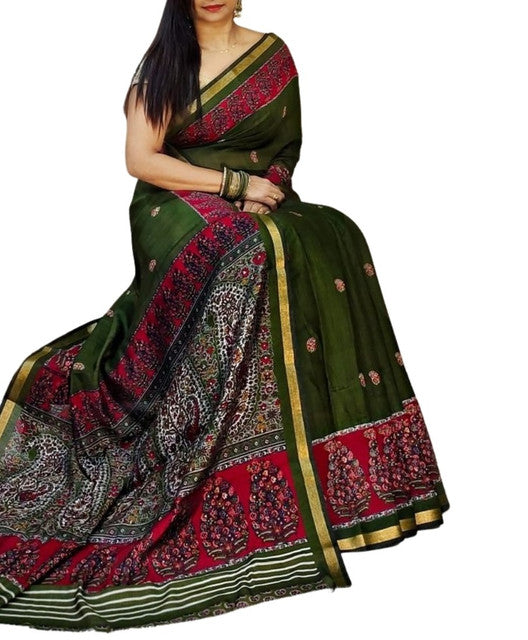 Generic Women's Linen Kalamkari Printed Saree With Unstitched Blouse - 5.5 Mtr (Green-Pink)