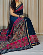 Generic Women's Linen Kalamkari Printed Saree With Unstitched Blouse - 5.5 Mtr (Navy Blue- Pink)