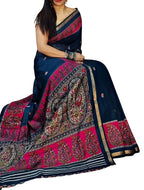 Generic Women's Linen Kalamkari Printed Saree With Unstitched Blouse - 5.5 Mtr (Navy Blue- Pink)