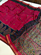 Generic Women's Linen Kalamkari Printed Saree With Unstitched Blouse - 5.5 Mtr (Pink-Navy Blue)