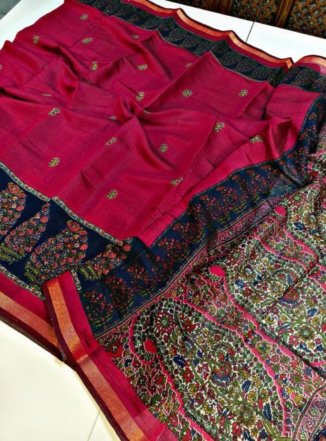 Generic Women's Linen Kalamkari Printed Saree With Unstitched Blouse - 5.5 Mtr (Pink-Navy Blue)