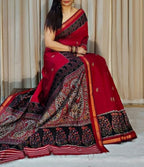 Generic Women's Linen Kalamkari Printed Saree With Unstitched Blouse - 5.5 Mtr (Red-Navy Blue)