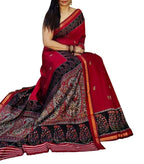 Generic Women's Linen Kalamkari Printed Saree With Unstitched Blouse - 5.5 Mtr (Red-Navy Blue)