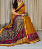 Generic Women's Linen Kalamkari Printed Saree With Unstitched Blouse - 5.5 Mtr (Mustard-Yellow-Magenta)