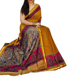 Generic Women's Linen Kalamkari Printed Saree With Unstitched Blouse - 5.5 Mtr (Mustard-Yellow-Magenta)