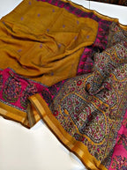 Generic Women's Linen Kalamkari Printed Saree With Unstitched Blouse - 5.5 Mtr (Mustard-Yellow-Magenta)