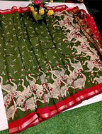 Generic Women's Linen Kalamkari Printed Saree With Unstitched Blouse - 5.5 Mtr (Olive Green-Red)