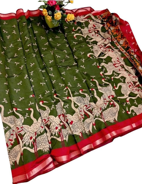 Generic Women's Linen Kalamkari Printed Saree With Unstitched Blouse - 5.5 Mtr (Olive Green-Red)