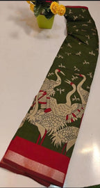 Generic Women's Linen Kalamkari Printed Saree With Unstitched Blouse - 5.5 Mtr (Olive Green-Red)