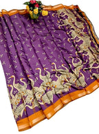 Generic Women's Linen Kalamkari Printed Saree With Unstitched Blouse - 5.5 Mtr (Purple-Orange)